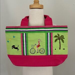 Tianni Pink and Green Canvas Tote Bag with Embroidered Design